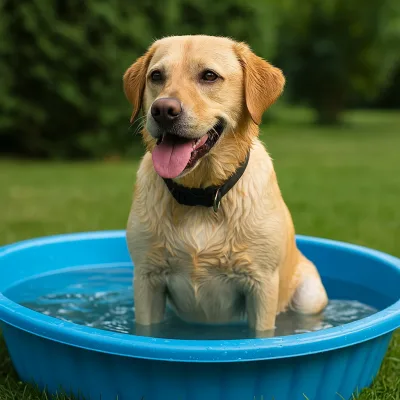 chien et chaleur accablante. Chien Labrador dans une piscine
