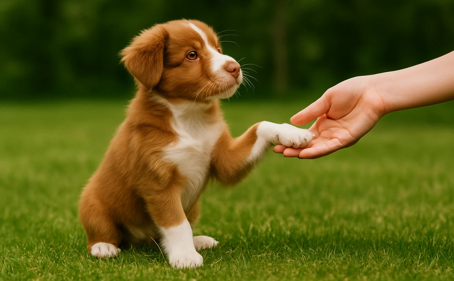 Chiot qui donne la patte chez Sylvain Duchesneau, éducateur canin