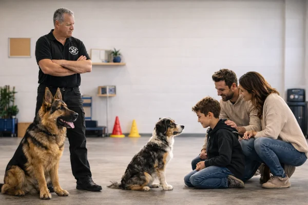 entête chien de famille Famille souriante posant avec un chien adulte bien éduqué, représentant le cours Chien de Compagnie à Terrebonne
