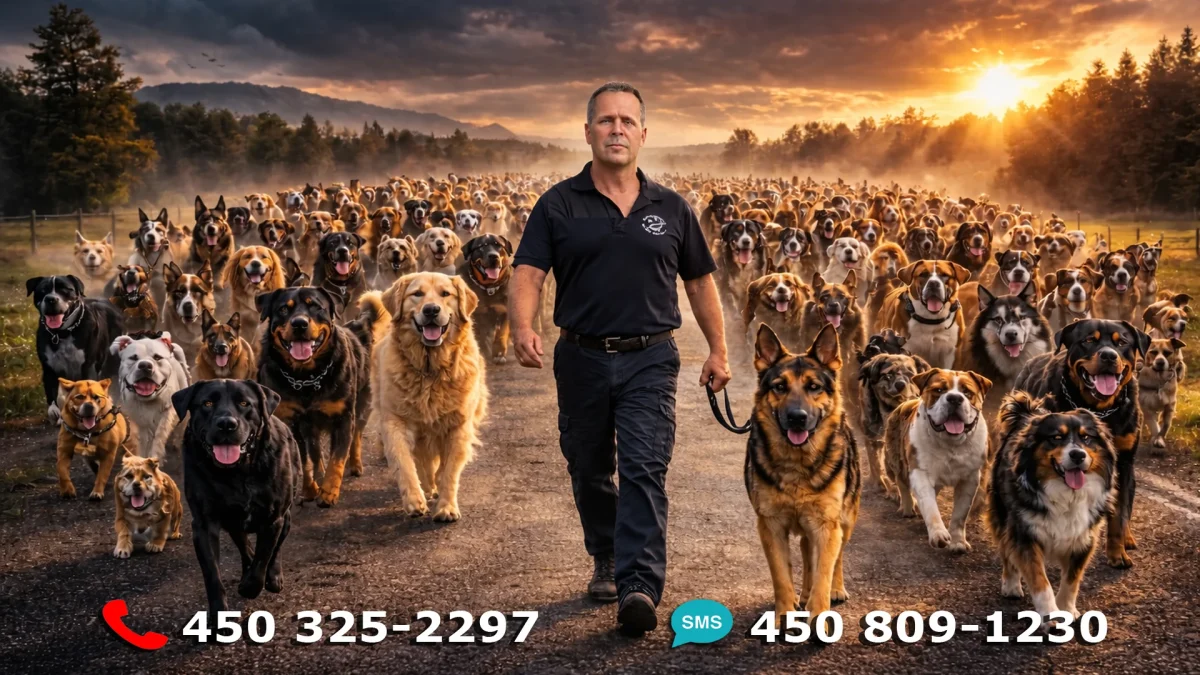 Sylvain et meute – entete Famille heureuse avec leur chien éduqué – éducation canine à Terrebonne avec Sylvain Duchesneau